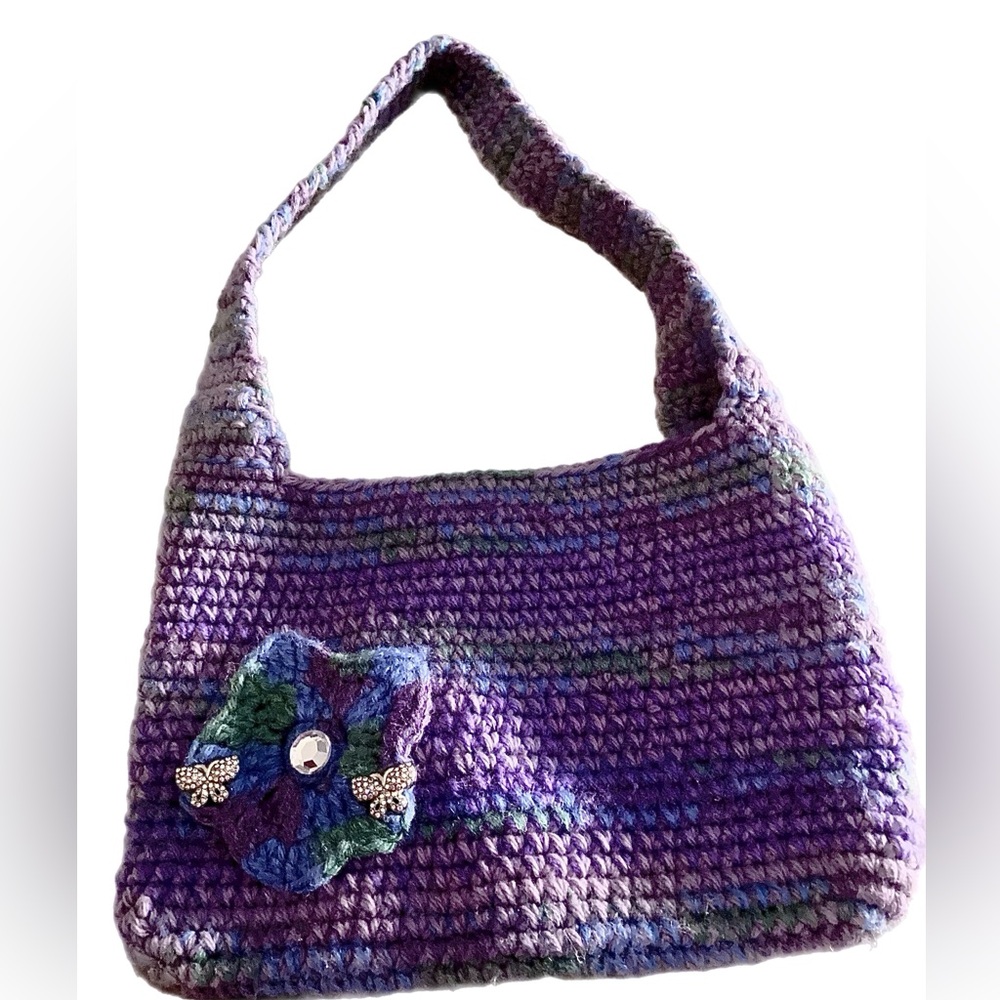Adorable Crochet Purple & Blue Blended Purse. Shoulder bag with Flower in Front